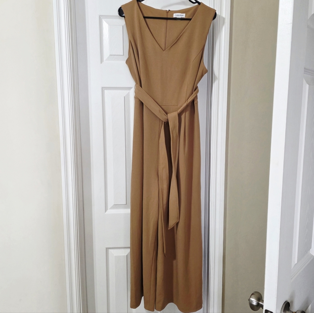 Camel Calvin Klein Sleeveless V-Neck Wide Leg Jumpsuit with Belt